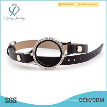 Good quality black leather bracelet ,316l stainless steel glass crystal photos floating locket Wrist Leather bracelets bangles